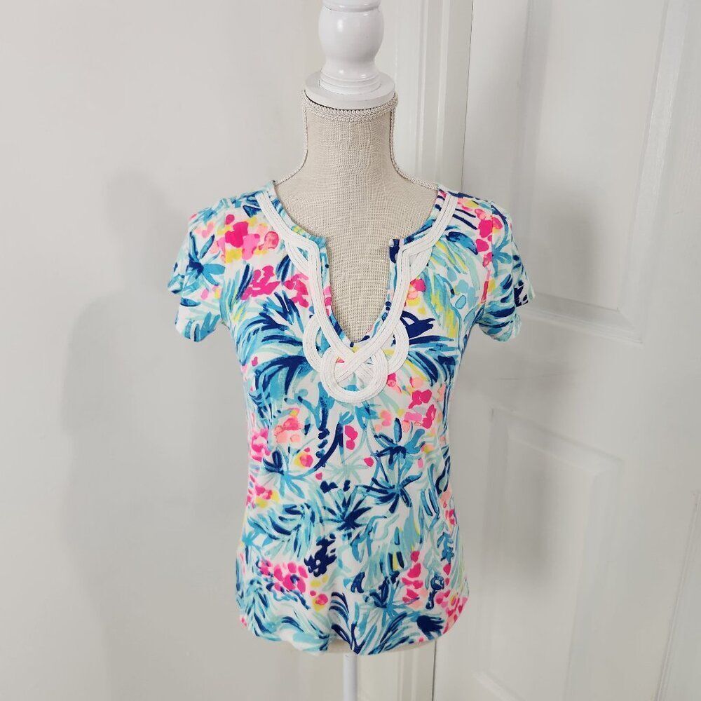 Lilly Pulitzer Top Womens XS Brewster Serene Blue Tippy Tropical Resort Cruise